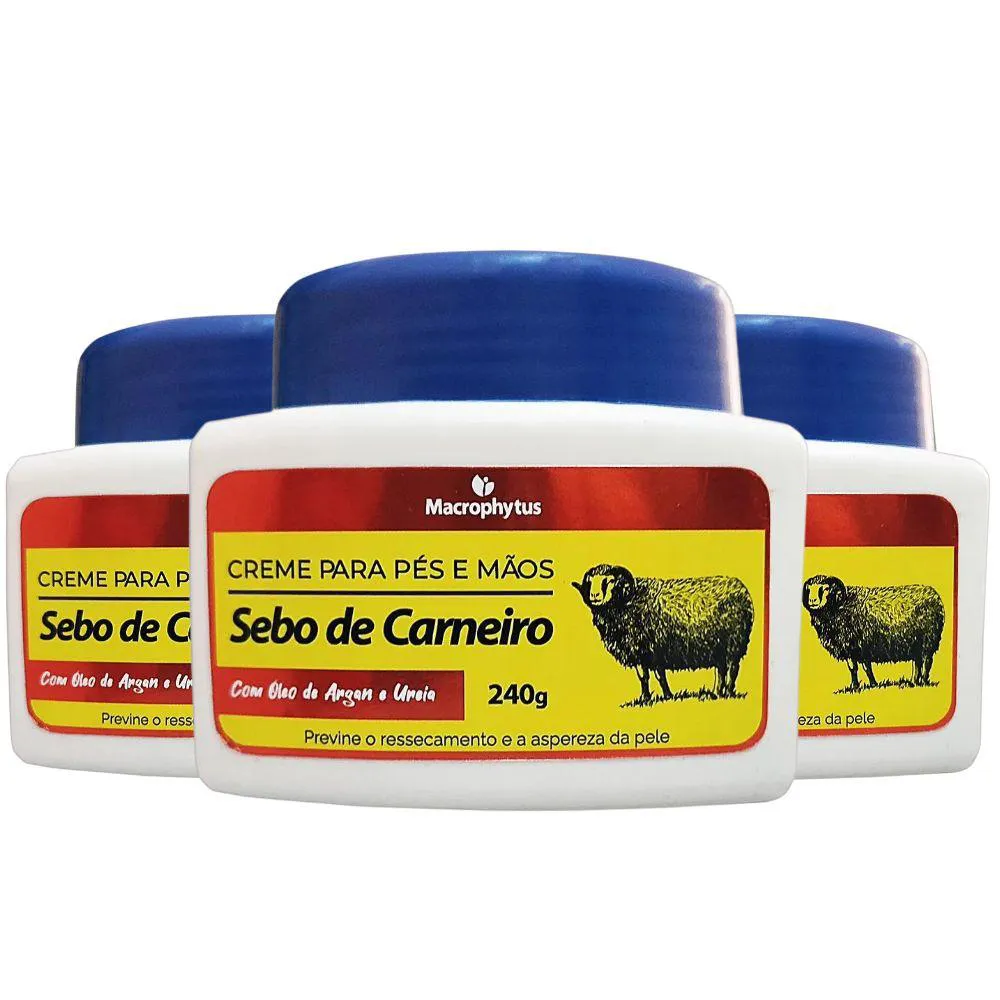 KIT 3X CREME PARA PéS E MãOS SEBO DE CARNEIRO 240G - MACROPHYTUS