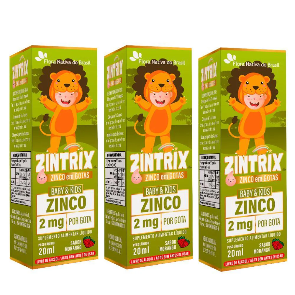 KIT 3X ZINTRIX (ZINCO INFANTIL) 20ML - FLORA NATIVA SABOR:MORANGO