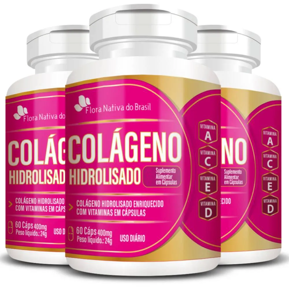 KIT 3X COLáGENO HIDROLISADO COM VITAMINAS 60 CáPSULAS - FLORA NATIVA