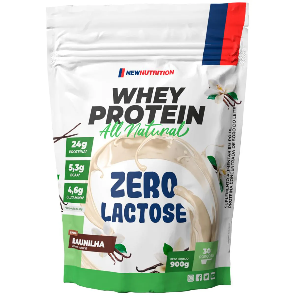 Whey Protein New Nutrition Zero Lactose All Natural Baunilha 900g