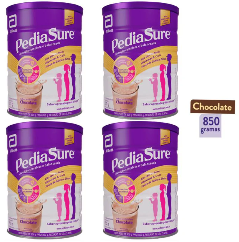 LEITE PEDIASURE 850G CHOCOLATE SUPLEMENTO INFANTIL KIT 4 LATAS | Drogasil