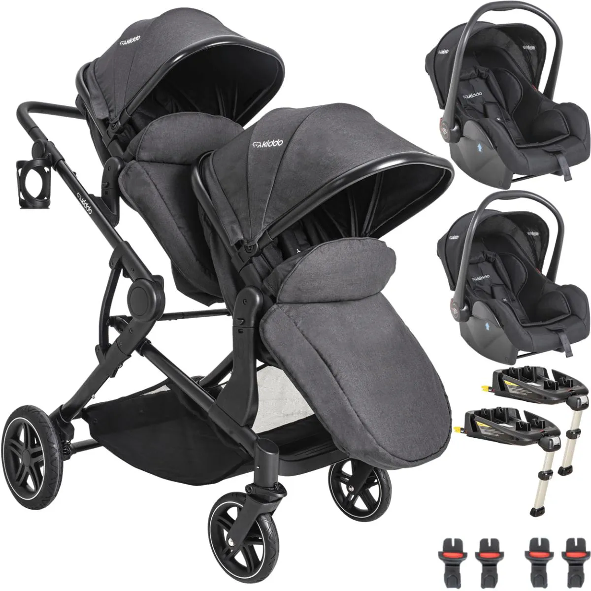 CARRINHO COM 2 BEBE CONFORTO 2 BASE ISOFIX KIDDO PAIR GRAFITE