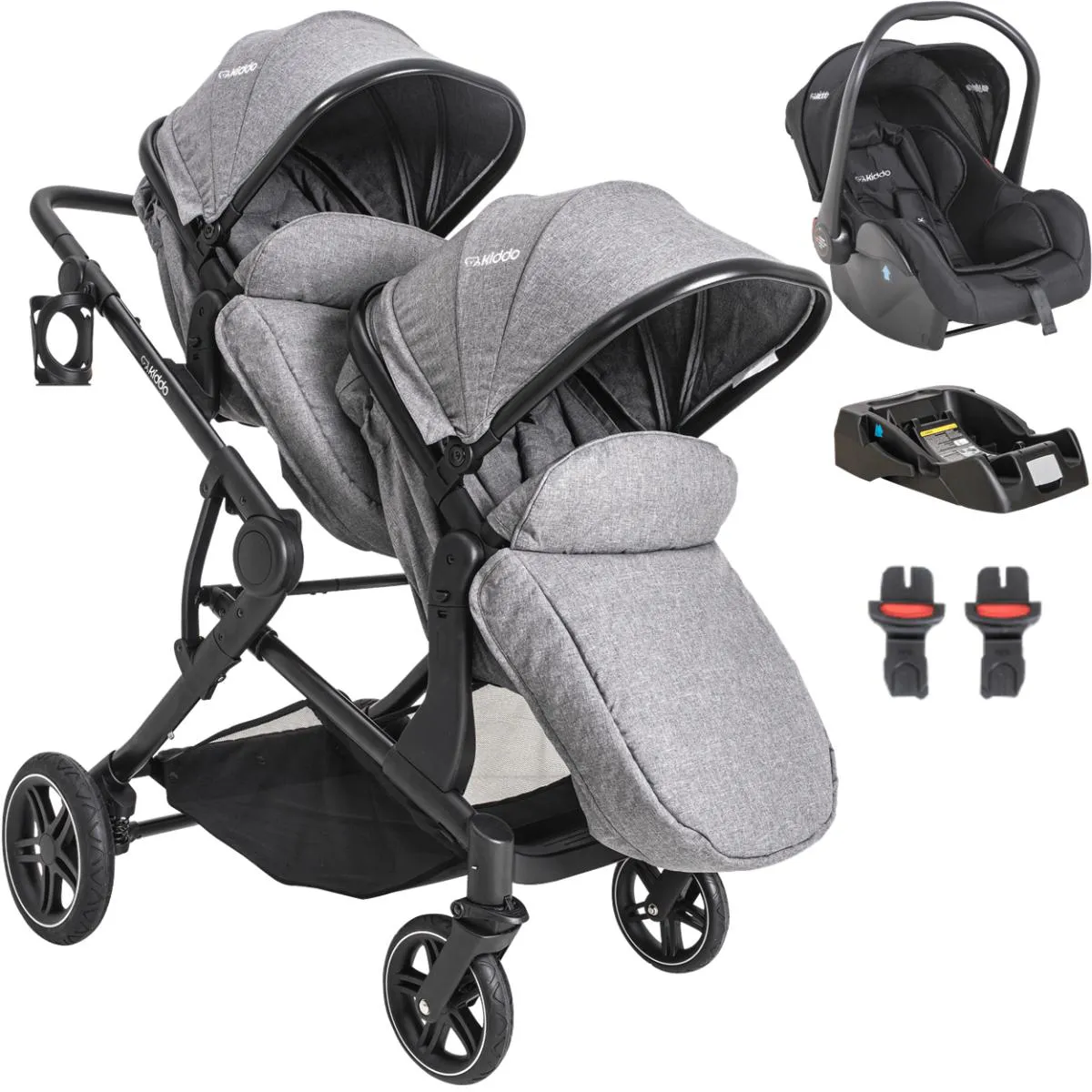 CARRINHO PARA GEMEOS COM BEBE CONFORTO BASE KIDDO PAIR CINZA
