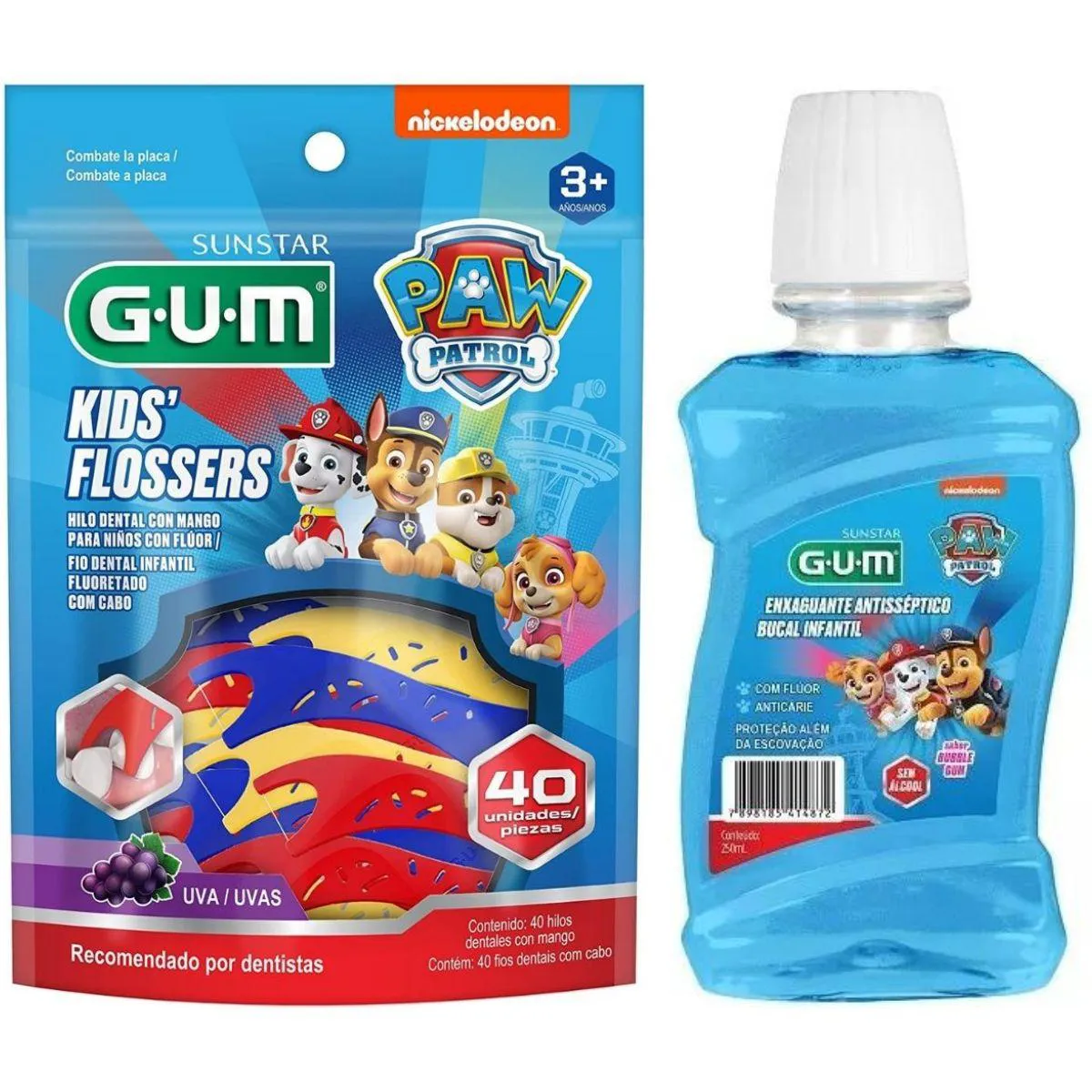 FIO DENTAL COM HASTE + ENXAGUANTE BUCAL PATRULHA CANINA -GUM