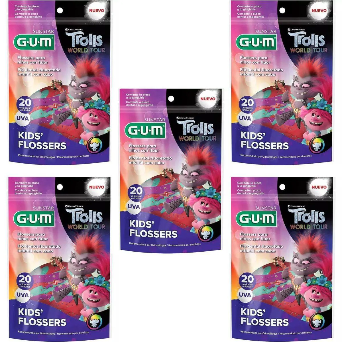 5 FIO DENTAL INFANTIL COM CABO FLOSSER - TROLLS - 20UN - GUM