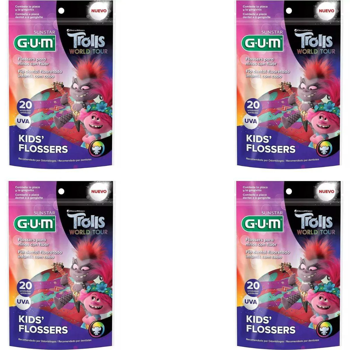 4 FIO DENTAL INFANTIL COM CABO FLOSSER - TROLLS - 20UN - GUM