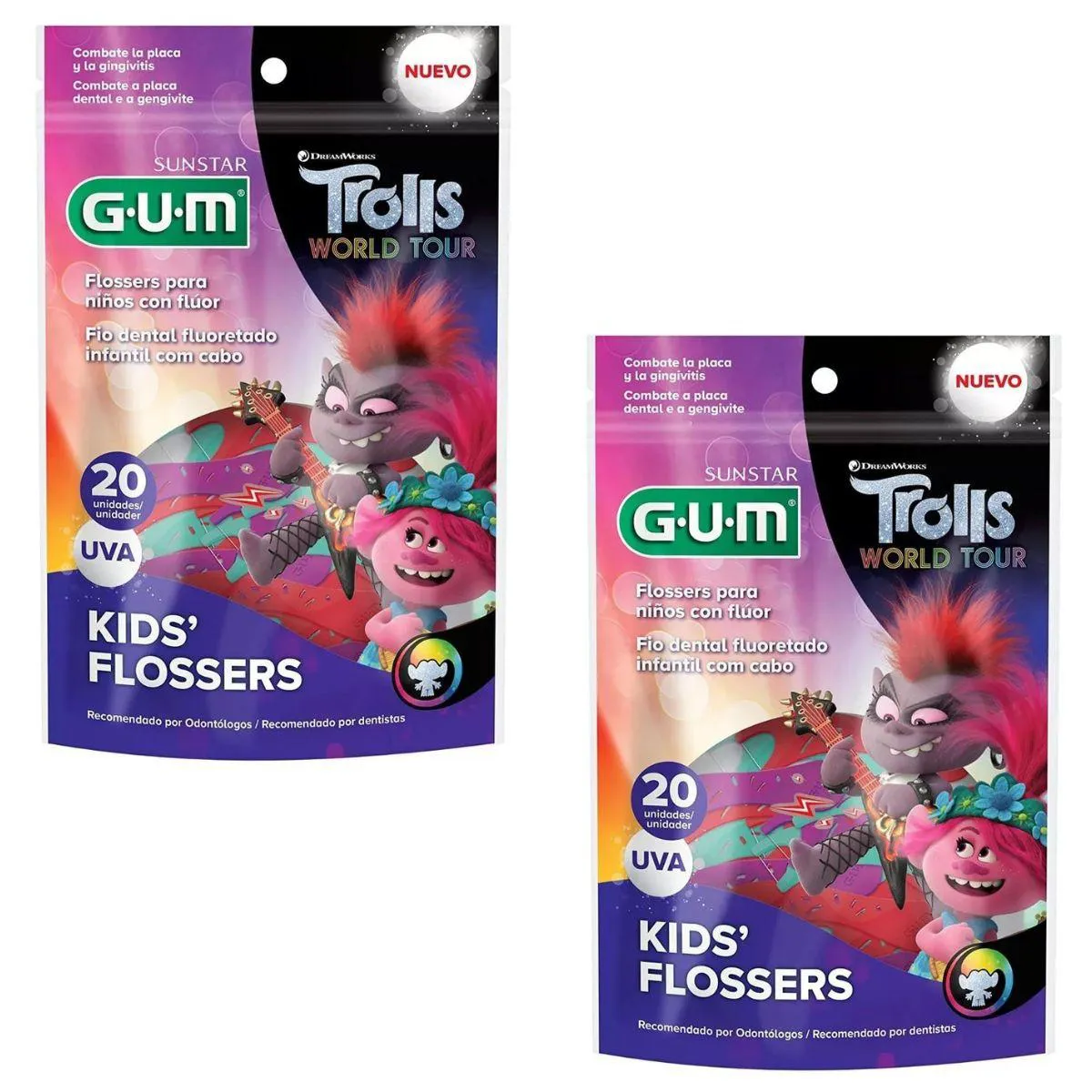 2 FIO DENTAL INFANTIL COM CABO FLOSSER - TROLLS - 20UN - GUM