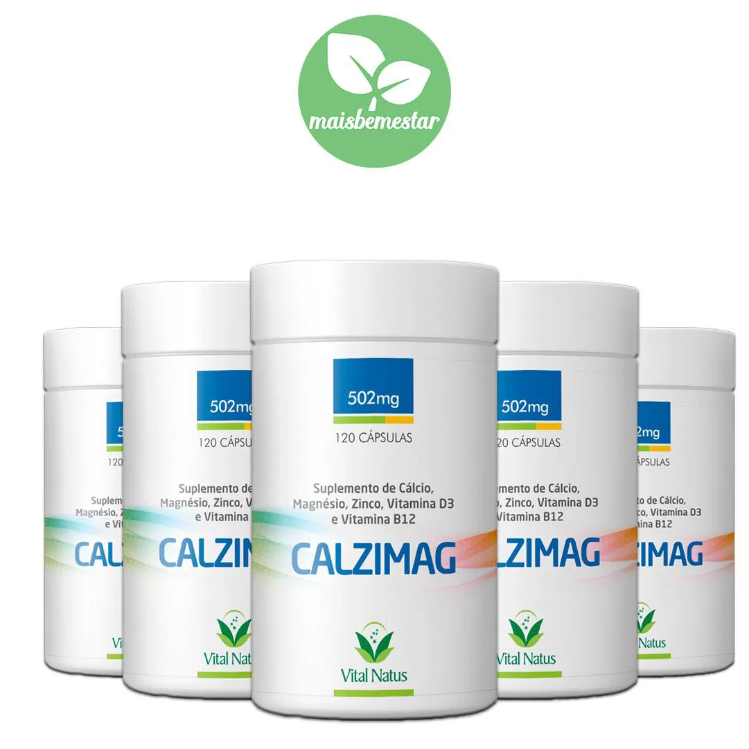 KIT 5 CALZIMAG CáLCIO + MAGNéSIO + ZINCO + VITAMINA D3 E B12 502MG 120CAPSULAS - KIT 5 FRASCOS