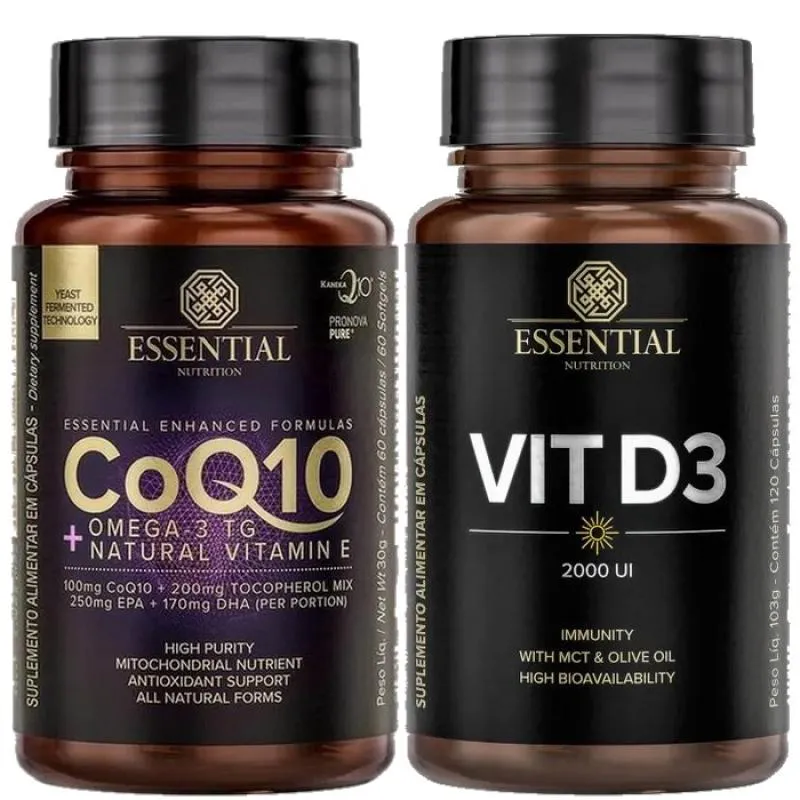 KIT COENZIMA Q10 COQ10 (60 CAPS) + VITAMINA D3 2000UI (120 CAPS) - ESSENTIAL NUTRITION