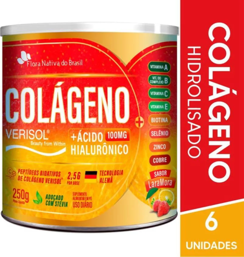 COLáGENO VERISOL E ÁCIDO HIALURôNICO 6 X 250G FLORA NATIVA