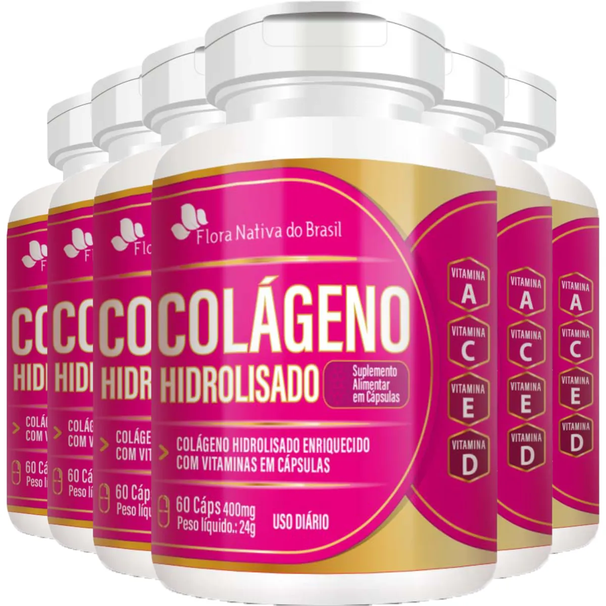 KIT 6 COLÁGENO HIDROLISADO E VITAMINAS 400MG 60 CÁPSULAS - FLORA NATIVA