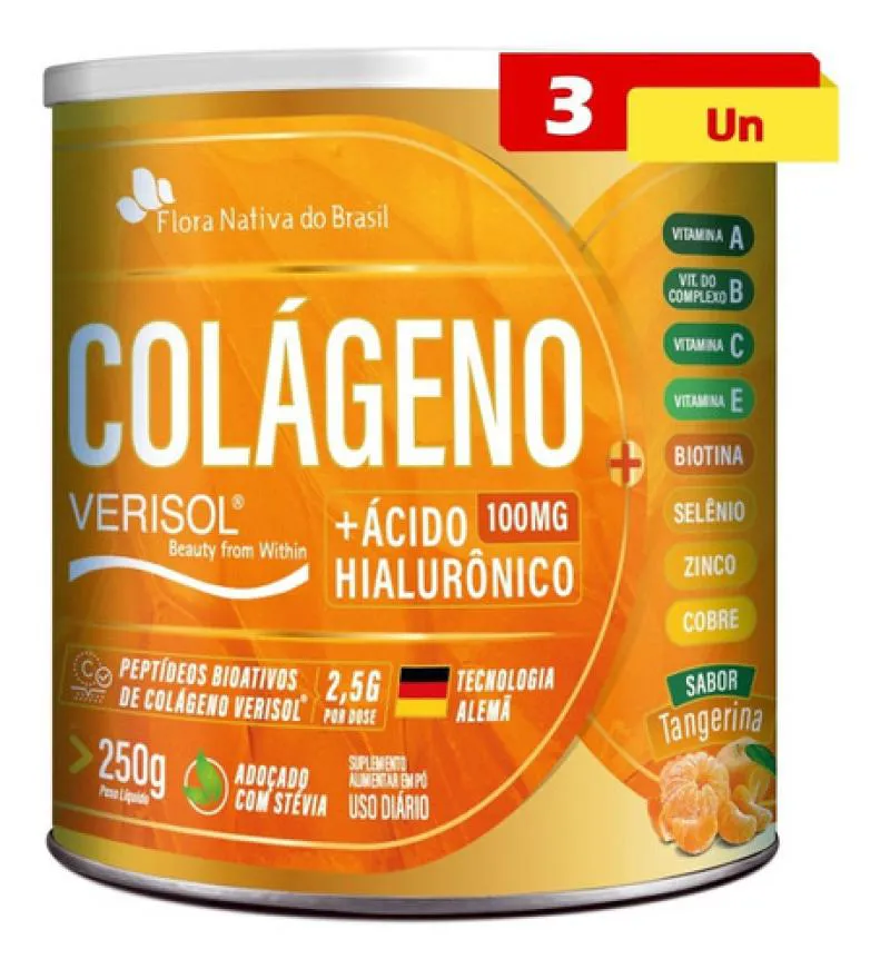 COLáGENO VERISOL COM ÁCIDO HIALURôNICO 3 X 250G FLORA NATIVA