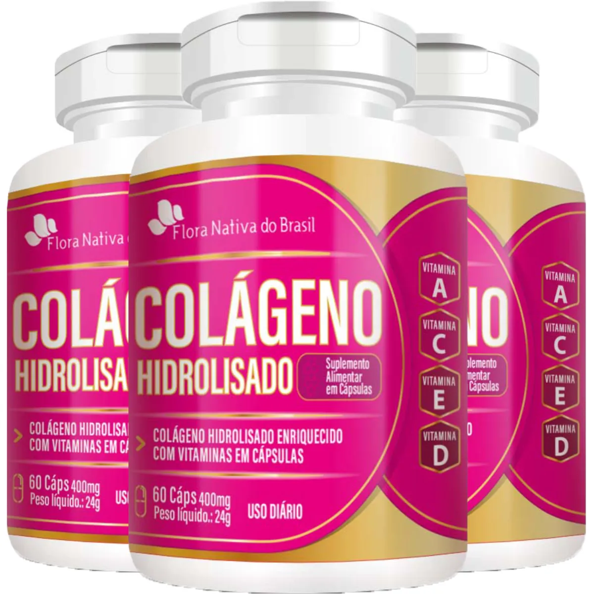 KIT 3 COLÁGENO HIDROLISADO E VITAMINAS 400MG 60 CÁPSULAS - FLORA NATIVA