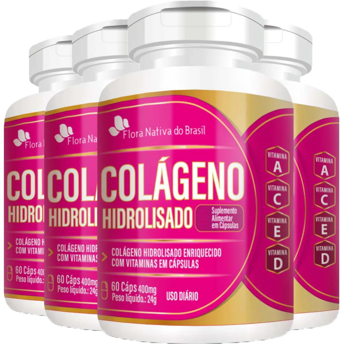 KIT 4 COLÁGENO HIDROLISADO E VITAMINAS 400MG 60 CÁPSULAS - FLORA NATIVA