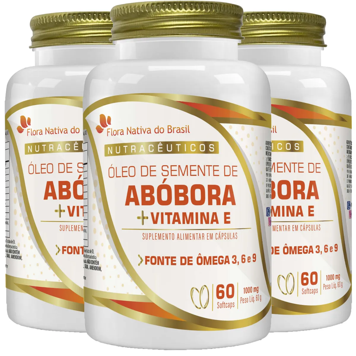 KIT 3 ÓLEO DE SEMENTE DE ABOBORA 1G  60 CÁPSULAS - FLORA NATIVA