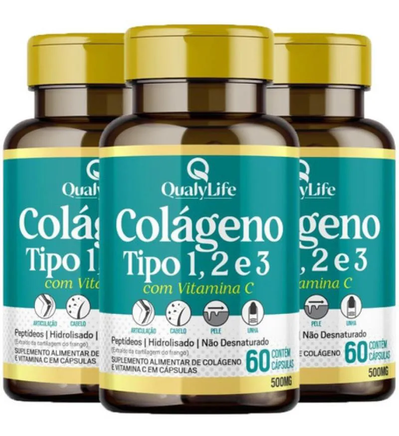 COLáGENO TIPO 1,2 E 3 VITAMINA C 3 X 60 CÁPSULAS QUALYLIFE