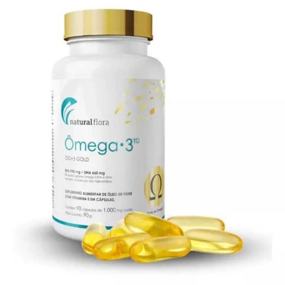 OMEGA 3 GOLD TG COM VITAMINA E 1000MG 90 CAPS - SUPLEMENTO PRE TREINO NATURAL FLORA SEM Sabor