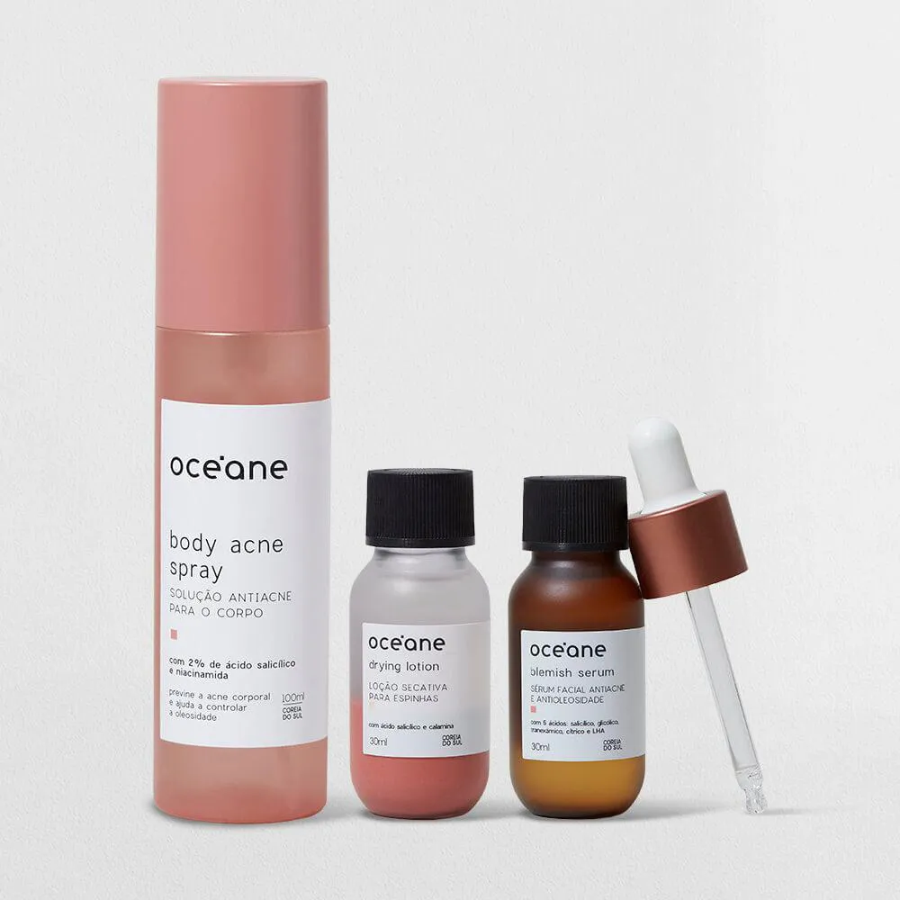 Kit Antiacne Corporal E Facial - Sérum Antiacne + Loção Secativa de Espinhas + Solução Antiacne Para O Corpo (3 Produtos)