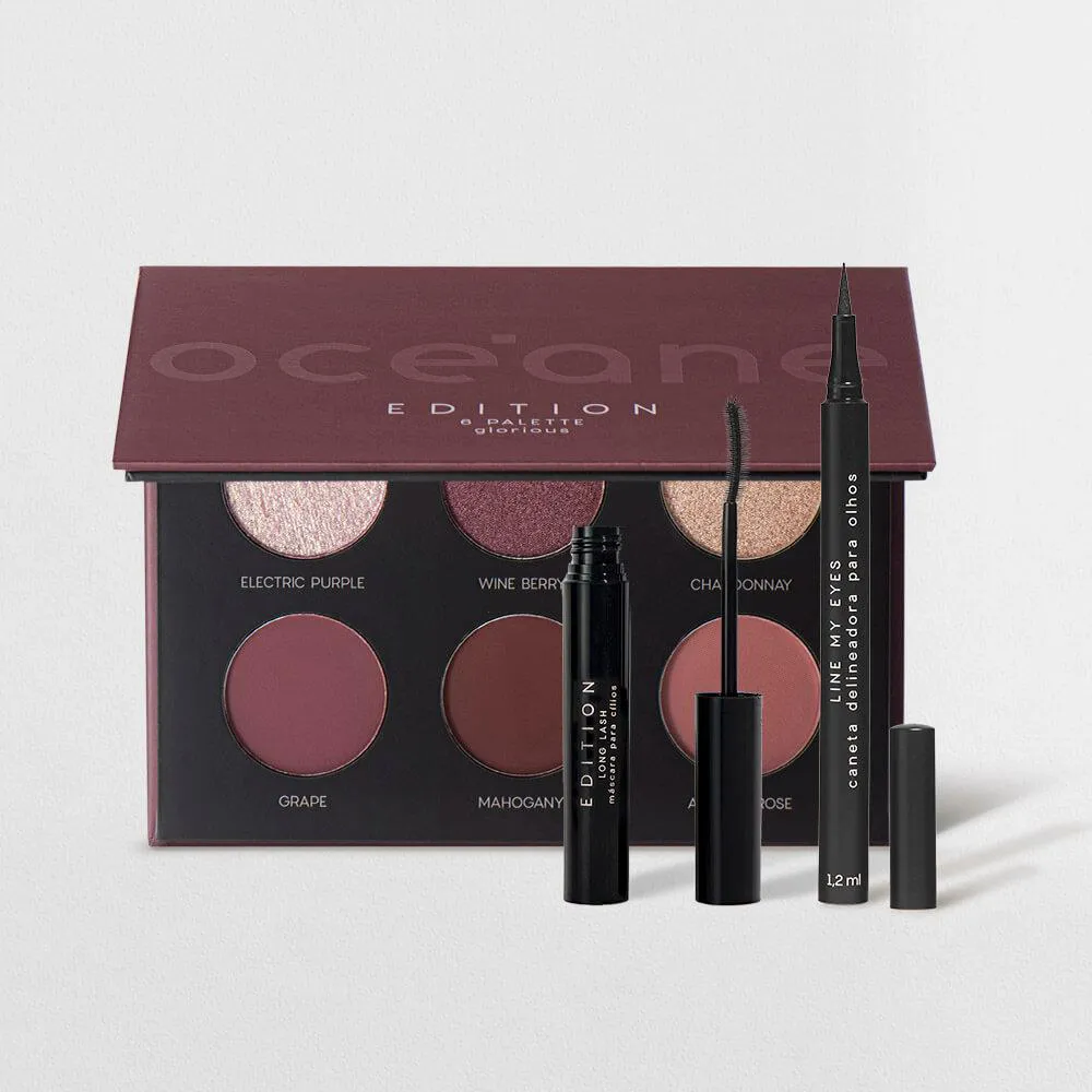 Kit Paleta de Sombras Glorious + Máscara de Cílios Long Lash + Caneta delineadora Océane Edition (3 Produtos)