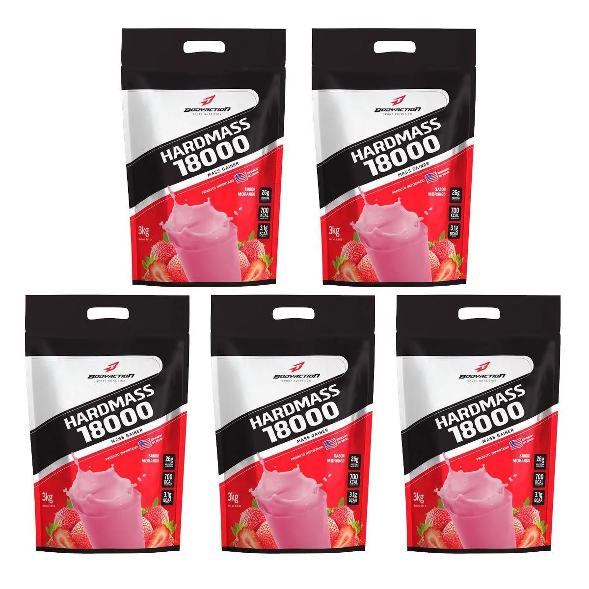 Kit Suplemento Body Action Hard Mass 18000 Morango 3000g 5 unidades