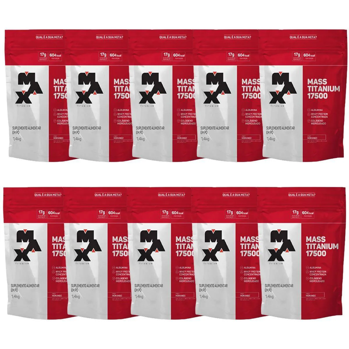 Kit Creatina Max Titanium Mass Titanium 17500 Morango Refíl 1,4kg 10 unidades 