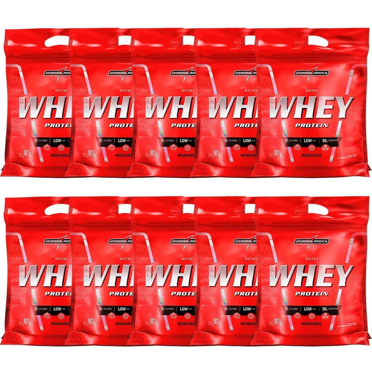 KIT 10 NUTRI WHEY PROTEIN - 907G REFIL MORANGO - INTEGRALMéDICA
