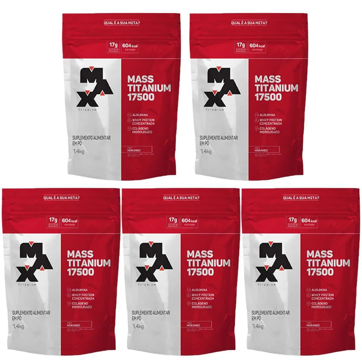 Kit Suplemento Max Titanium Mass Titanium 17500 Morango Refíl 1400g 5 unidades