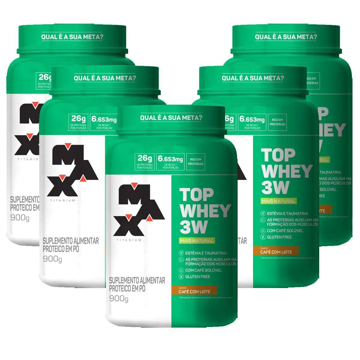 KIT 5X TOP WHEY 3W - 900G CAFé COM LEITE - MAX TITANIUM