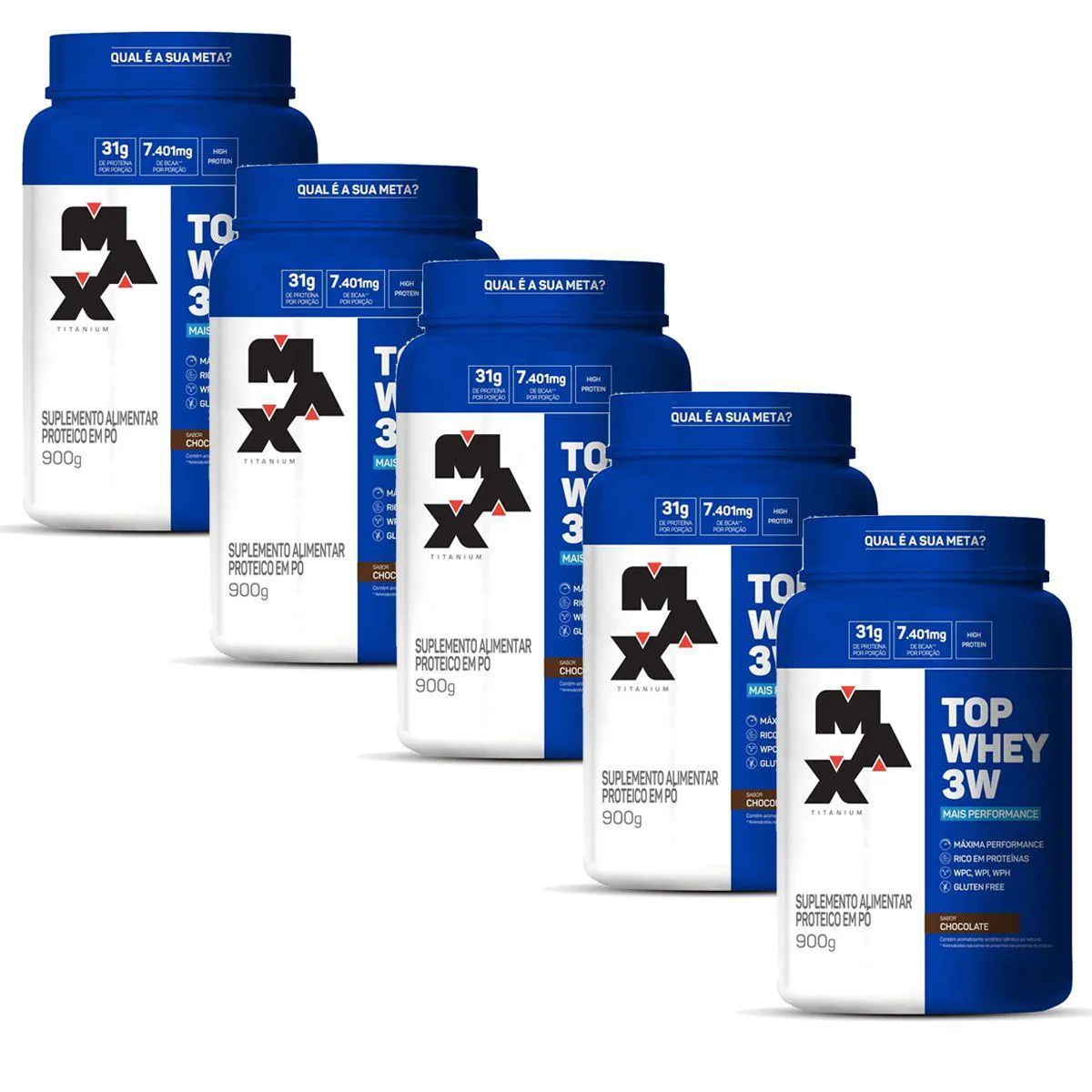 KIT 5 TOP WHEY 3W - 900G CHOCOLATE - MAX TITANIUM