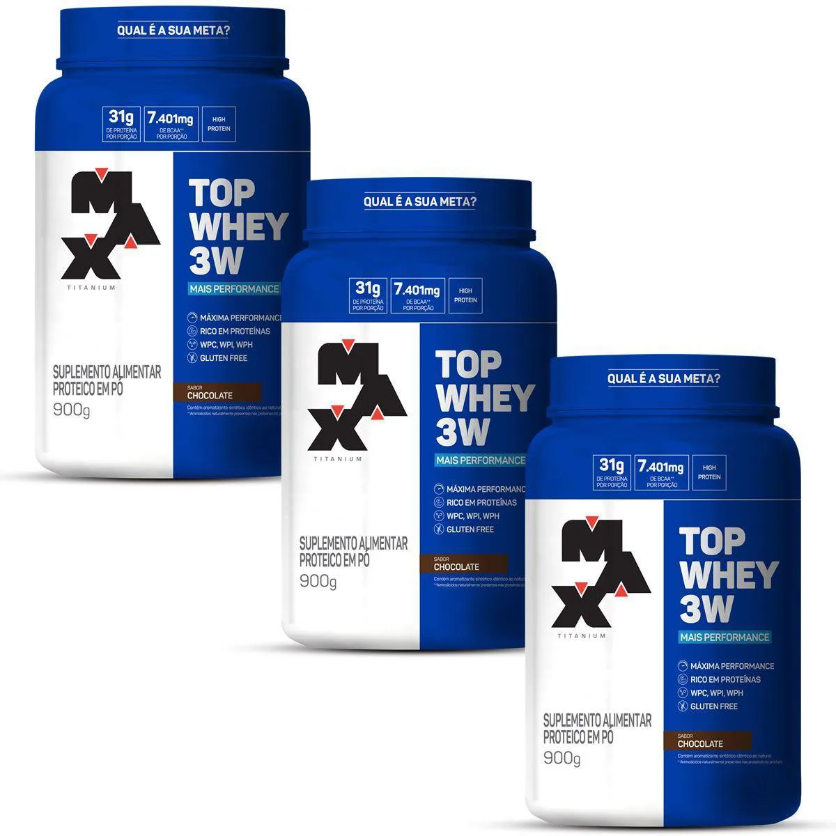 KIT 3 - TOP WHEY 3W - 900G CHOCOLATE - MAX TITANIUM