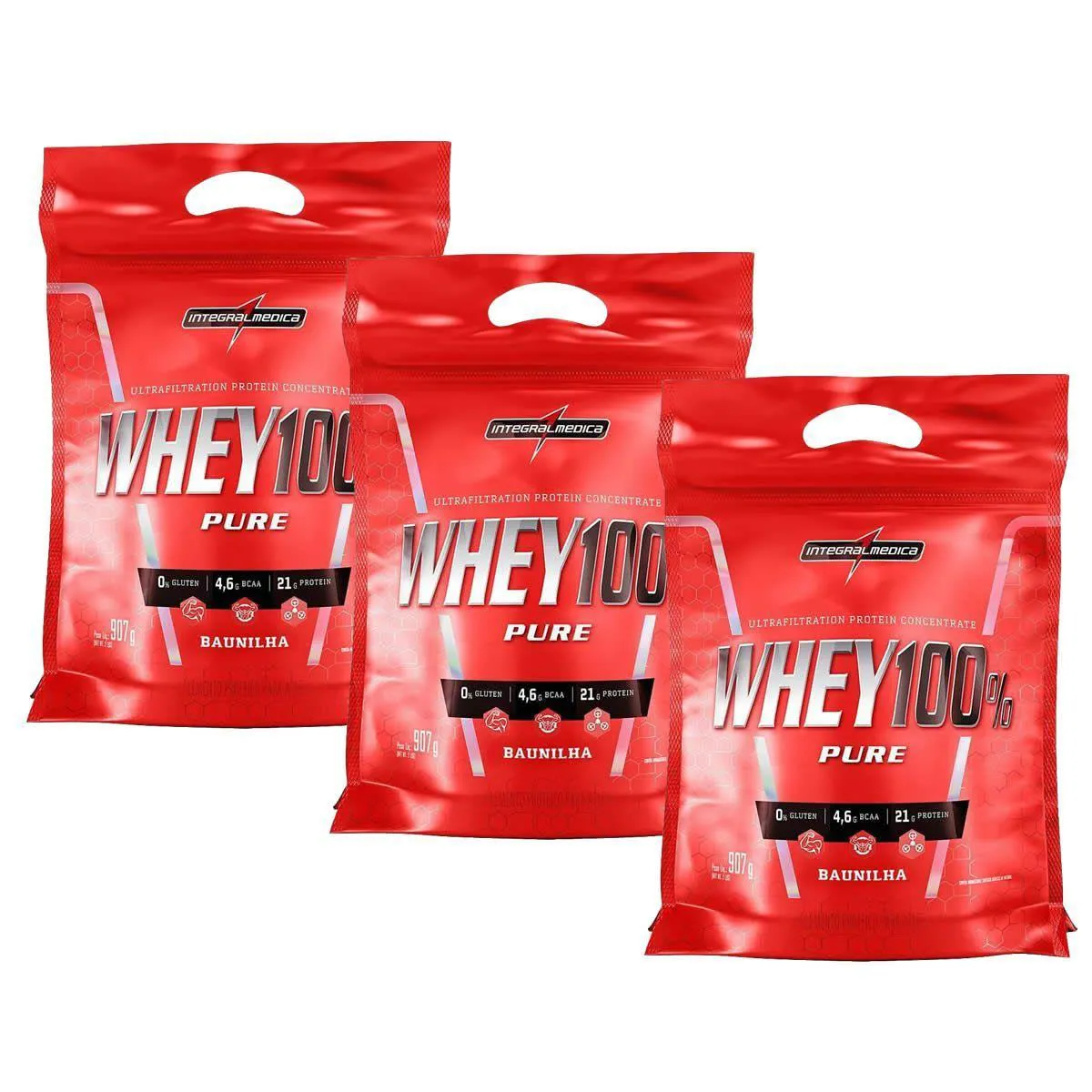 KIT 3X WHEY 100% PURE - 907G REFIL BAUNILHA - INTEGRALMéDICA