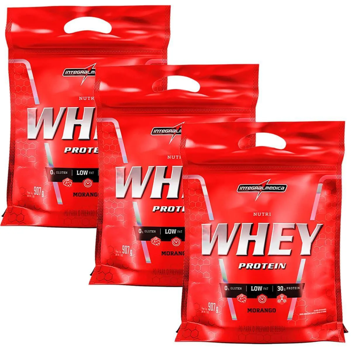 KIT 3 NUTRI WHEY PROTEIN - REFIL MORANGO 907G - INTEGRALMéDICA