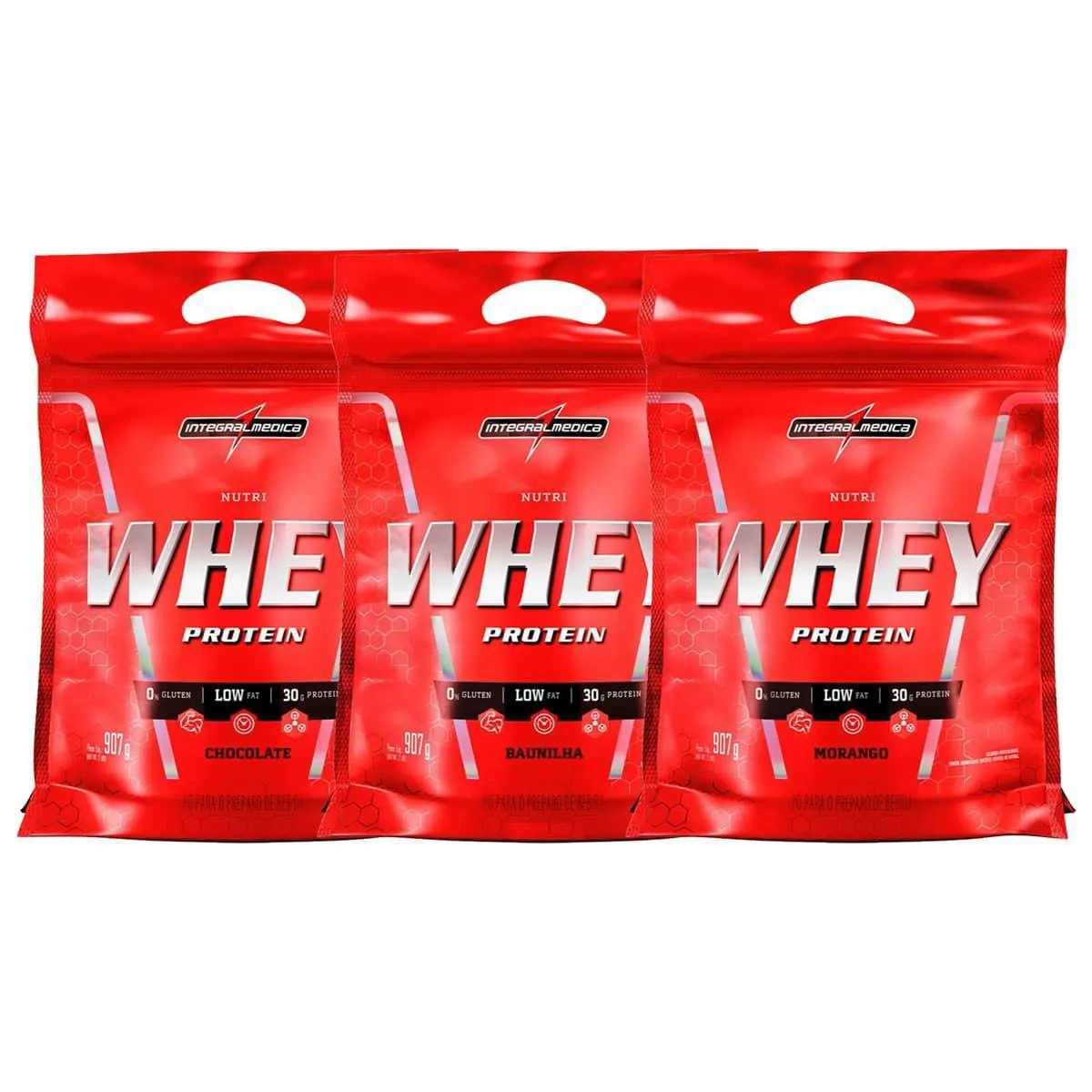 KIT NUTRI WHEY PROTEIN - REFIL CHOCOLATE, BAUNILHA, MORANGO 907G - INTEGRALMéDICA