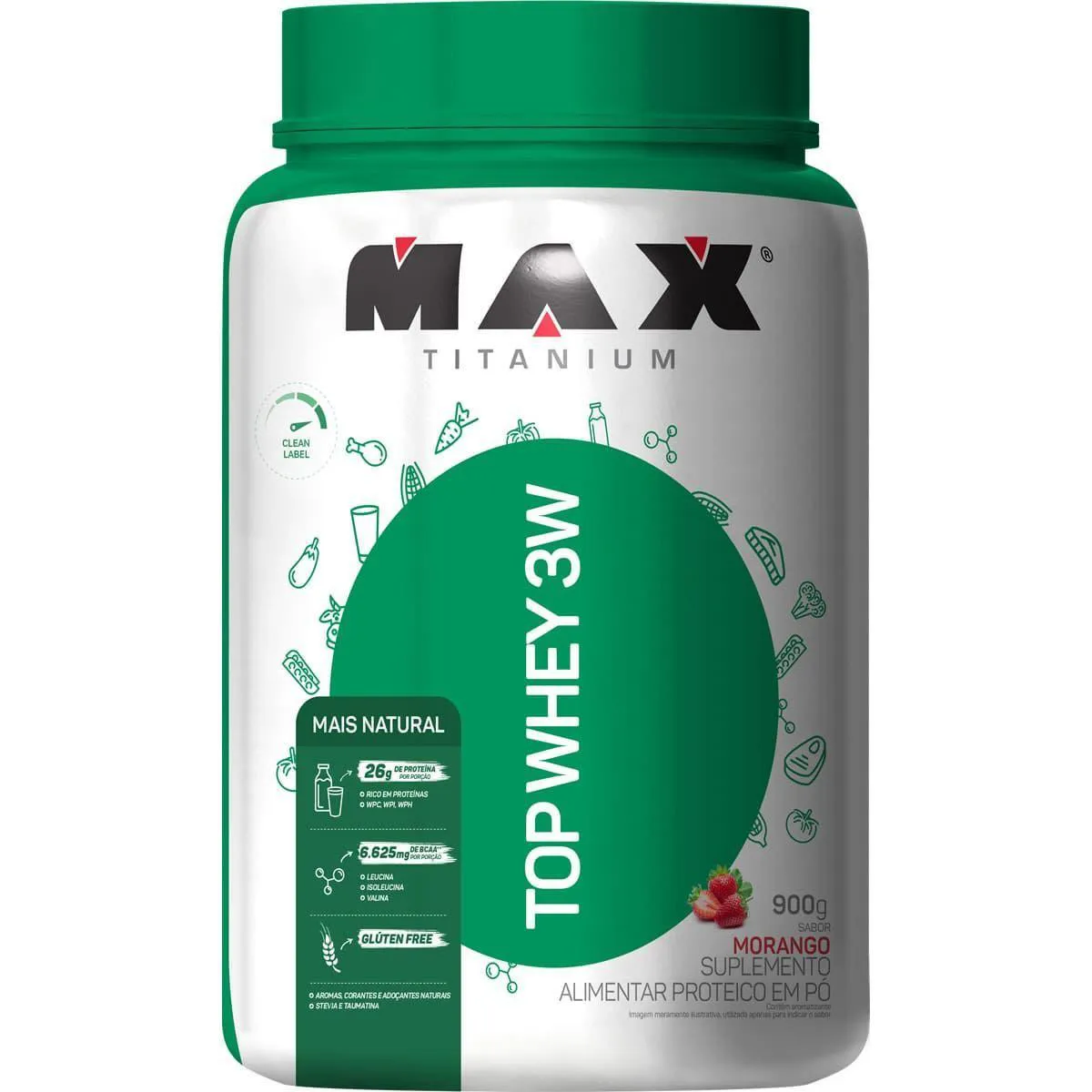 TOP WHEY 3W MAIS NATURAL - 900G MORANGO - MAX TITANIUM