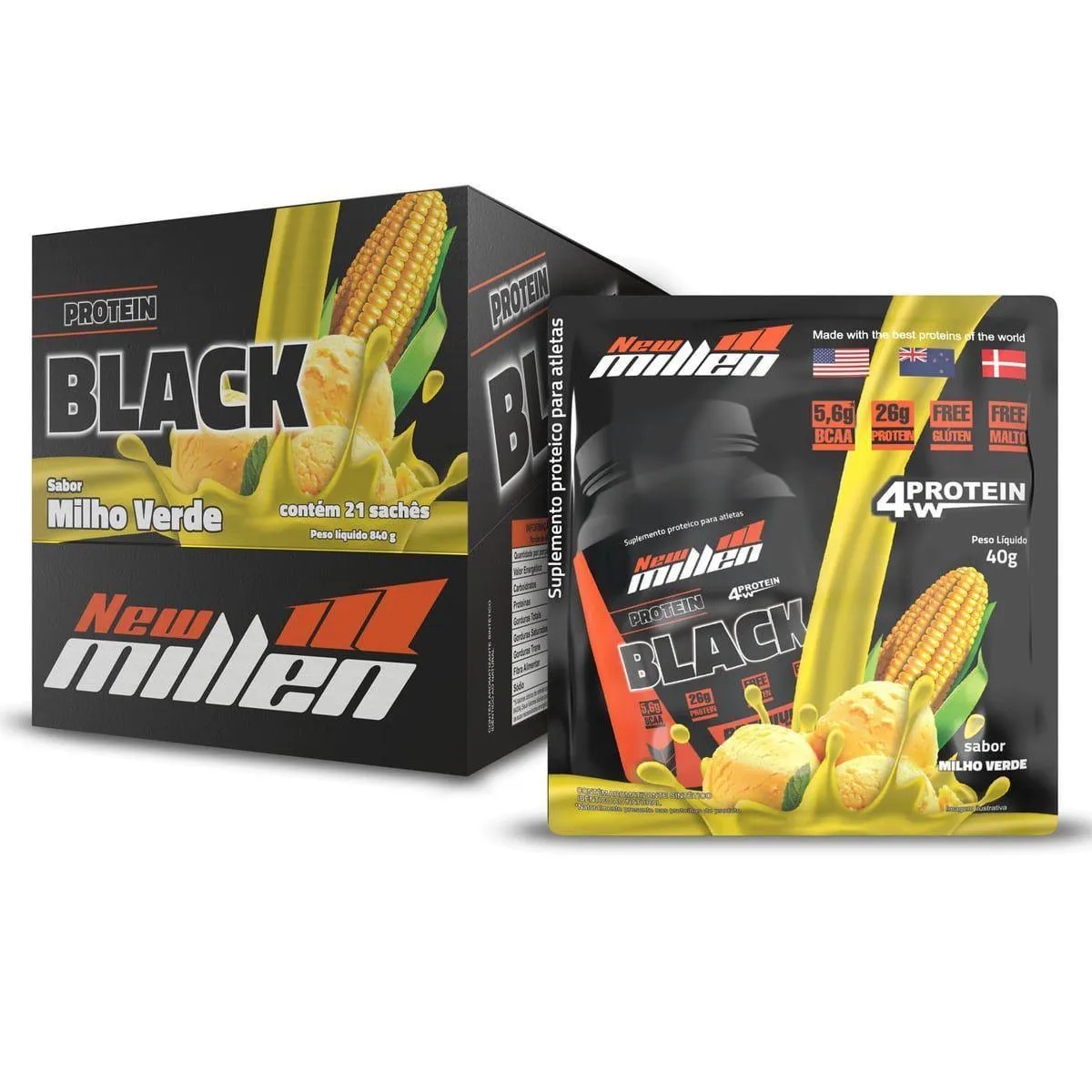 Suplemento New Millen Protein Black 4w Milho Verde Sachê 40g 21 unidades