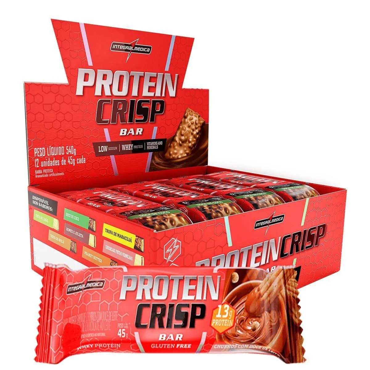 Barra de Proteína Whey Integralmedica Protein Crisp Bar Churros com Doce de Leite 45g 12 unidades 