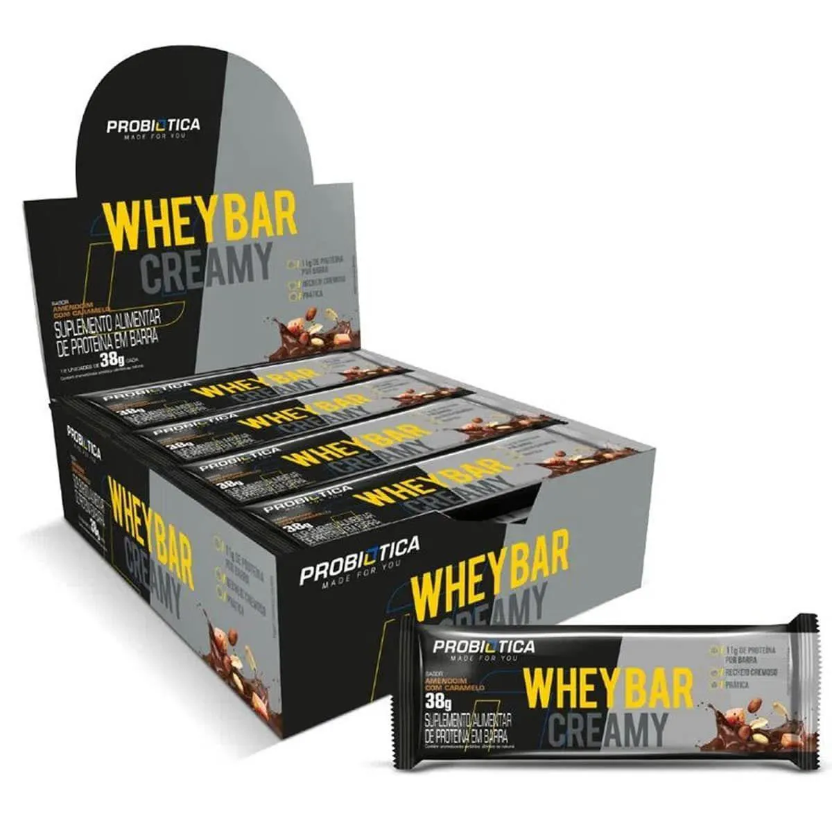 WHEY BAR CREAMY - 12 UNIDADES 38G  AMENDOIM COM CARAMELO - PROBIóTICA