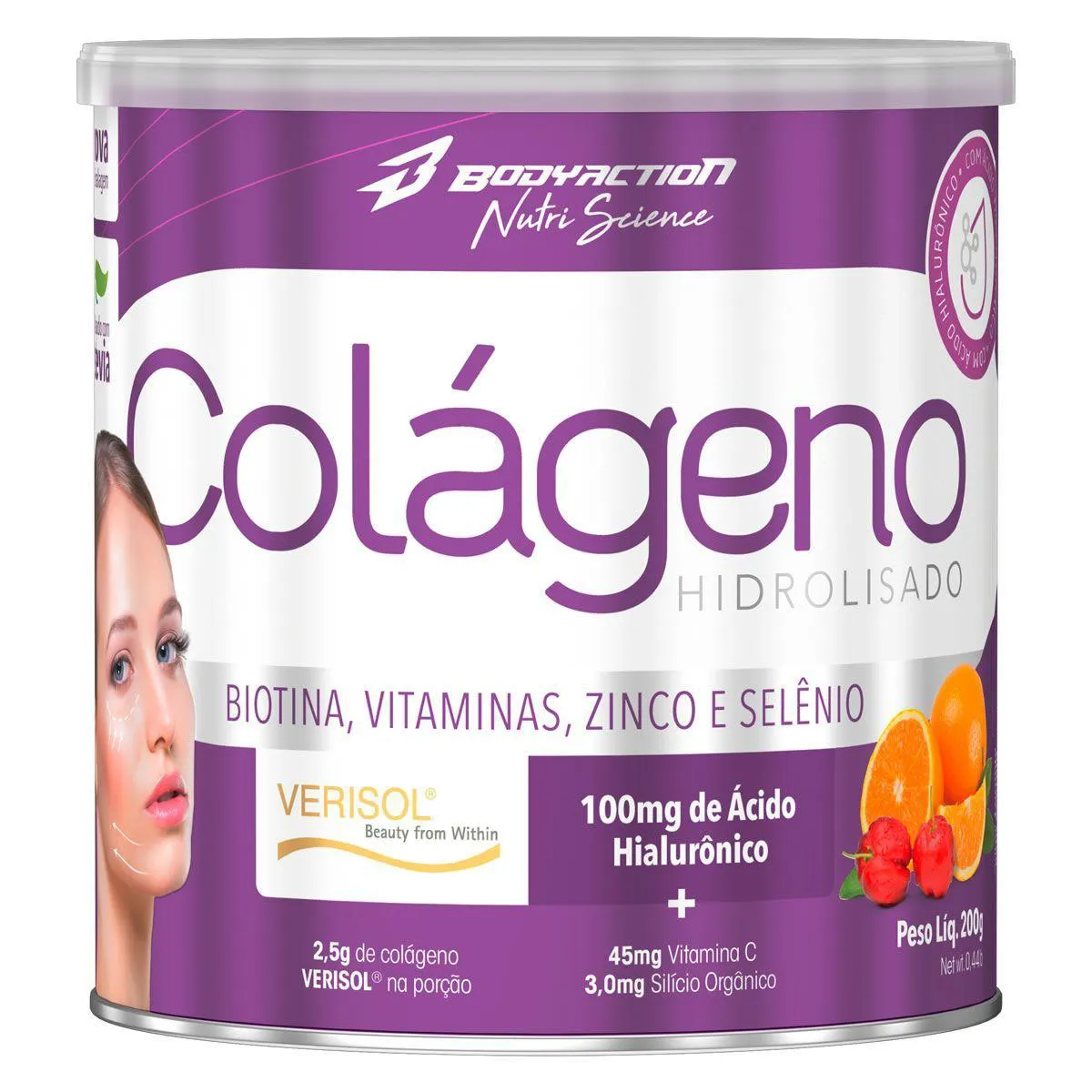 COLáGENO VERISOL COM HIALURôNICO - 200G LARANJA COM ACEROLA - BODYACTION