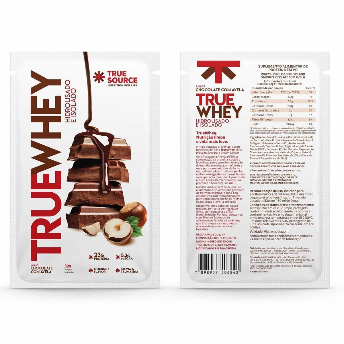 TRUE WHEY HIDROLISADO E ISOLADO - 1 SACHê  32G CHOCOLATE COM AVELã - TRUE SOURCE