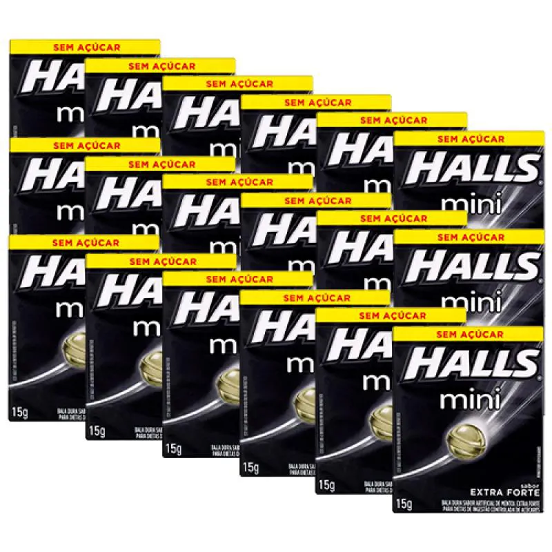 BALA HALLS SEM AçúCAR MINI EXTRA FORTE CONTENDO 18 CAIXINHAS DE 15G