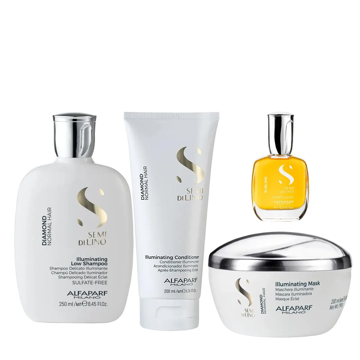 Kit Alfaparf Milano Professional Semi Di Lino Diamond - Shampoo 250ml + Condicionador Leave- in 200ml + Máscara 200ml + Cristalli Liquid 30ml