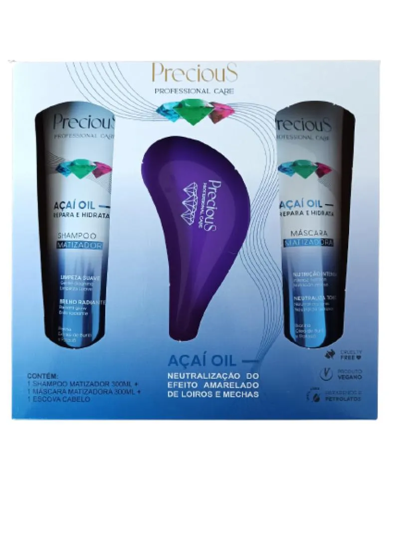 KIT AçAI OIL SHAMPOO MATIZADOR 300ML + MASCARA MATIZADORA 300ML+ ESCOVA ANTI FRIZZ
