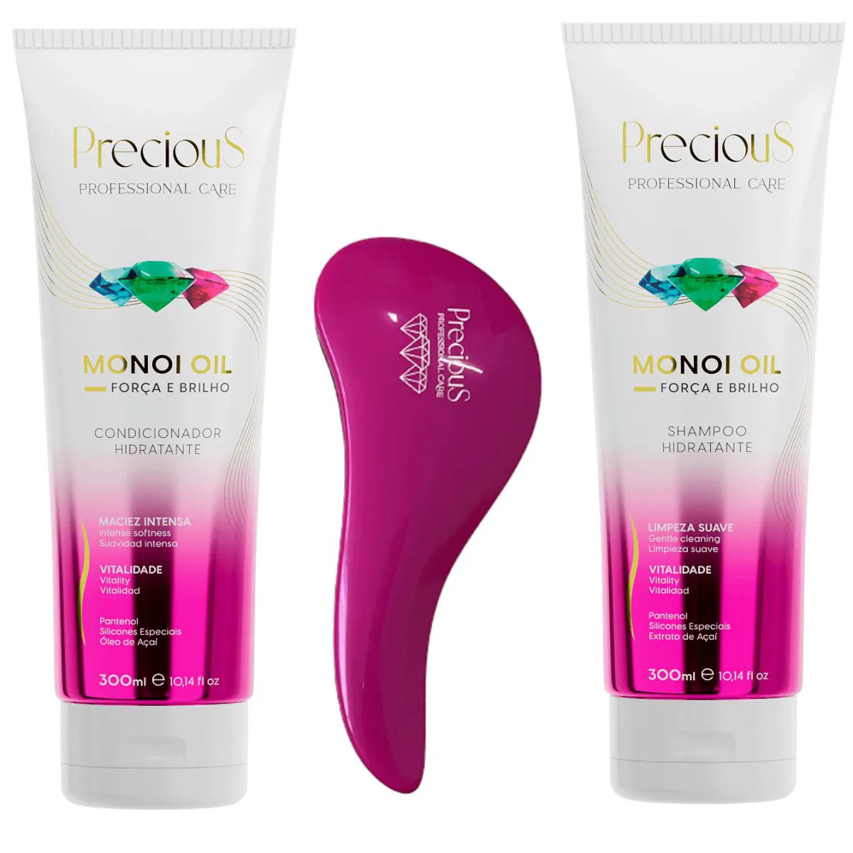 KIT MONOI OIL SHAMPOO HIDRATANTE 300ML + MONOI OIL CONDICIONADOR HIDRATANTE 300ML + ESCOVA ANTI FRIZZ