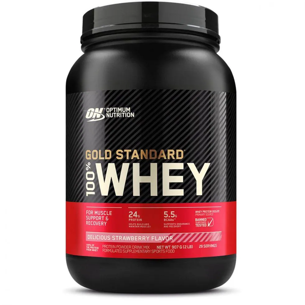 100% WHEY PROTEIN GOLD STANDARD (907G) NOVO RÓTULO - SABOR: MORANGO