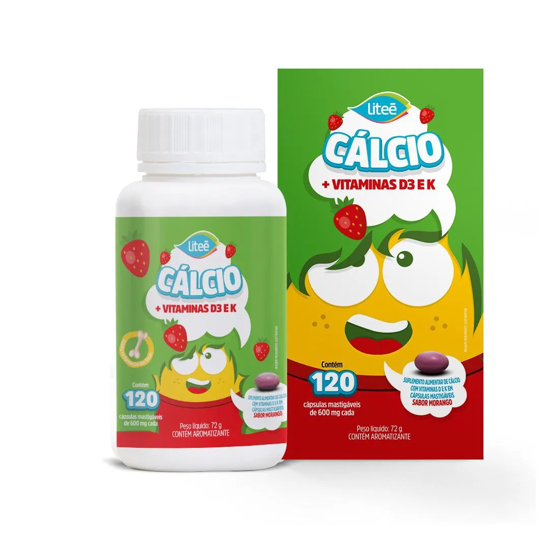 CáLCIO KIDS + VITAMINA D3+ VITAMINA K2 120 CáPSULAS SOFTGEL MASTIGáVEIS SABOR MORANGO