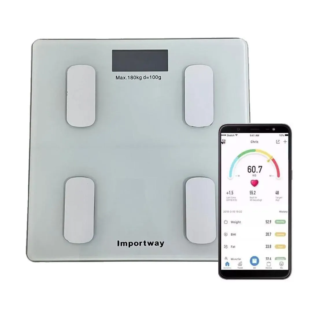 BALANçA DIGITAL BIOIMPEDâNCIA COM APLICATIVO BLUETOOTH 180KG IMPORTWAY - Branco