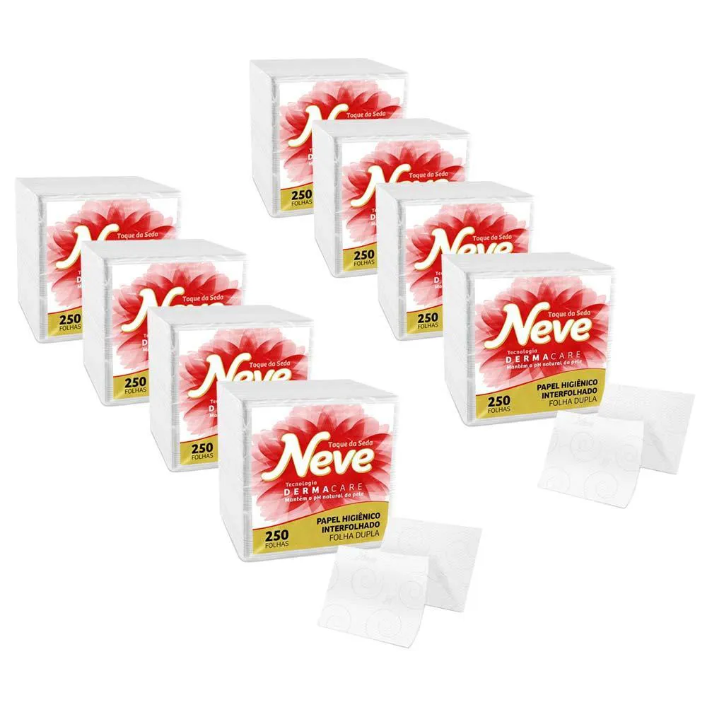 KIT 8 PAPEIS HIGIêNICO INTERFOLHADO NEVE FOLHA DUPLA COM 250 FOLHAS
