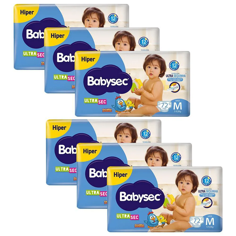 Kit Fralda Babysec Galinha Pintadinha Ultrasec Hiper M 72 unidades 6 pacotes