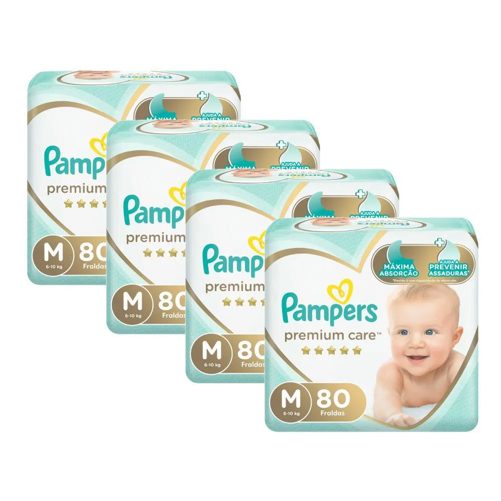 Kit Fralda Pampers Premium Care Máxima Absorção Jumbo M 80 unidades 4 pacotes