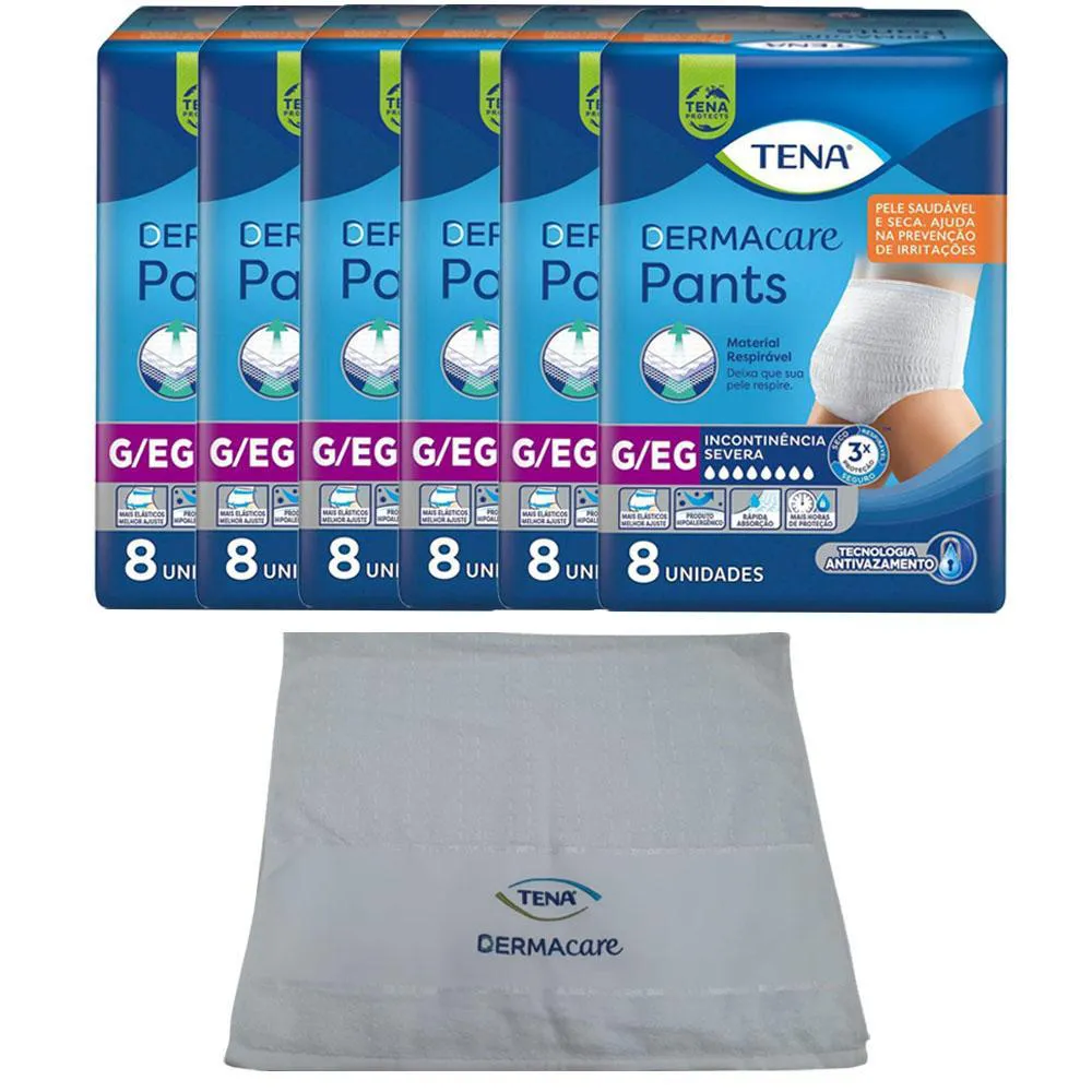 KIT 6 ROUPAS ÍNTIMAS TENA DERMACARE PANTS ULTRA G/EG COM 8UN + BRINDE TOALHA DERMCARE TENA